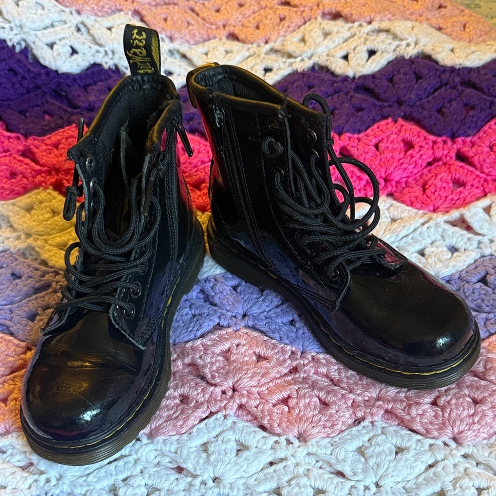 Dr. Martens Shiny Black Boots with Yellow Stitching